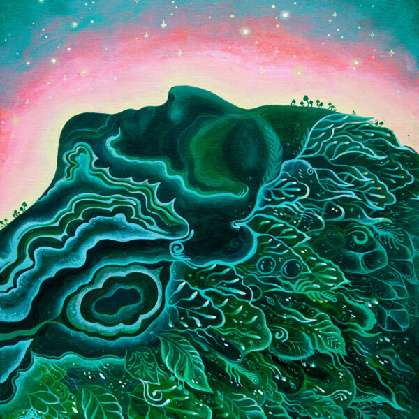 Portrait painting of a human. Their face is mixed with the precious gem malachite, and leaves and blossoms are framing her. The sun is rising, there is starlight.