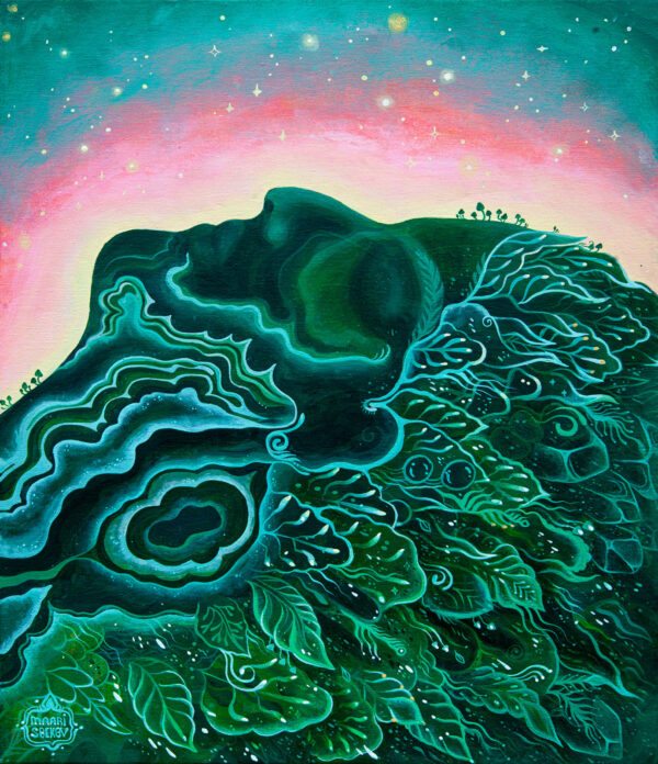 Portrait painting of a human. Their face is mixed with the precious gem malachite, and leaves and blossoms are framing her. The sun is rising, there is starlight.